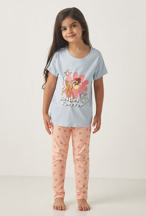 Bambi Print Round Neck T-shirt and Full Length Pyjama Set