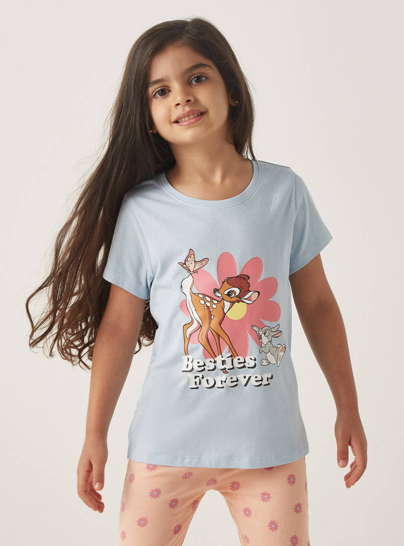 Bambi Print Round Neck T-shirt and Full Length Pyjama Set-Nightwear-image-1