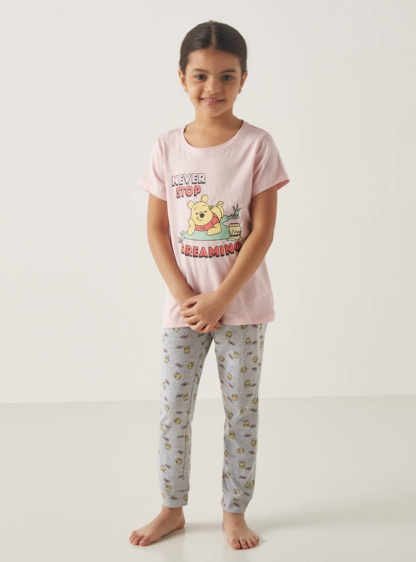 Winnie the Pooh Print Round Neck T-shirt and Pyjama Set-Nightwear-image-0