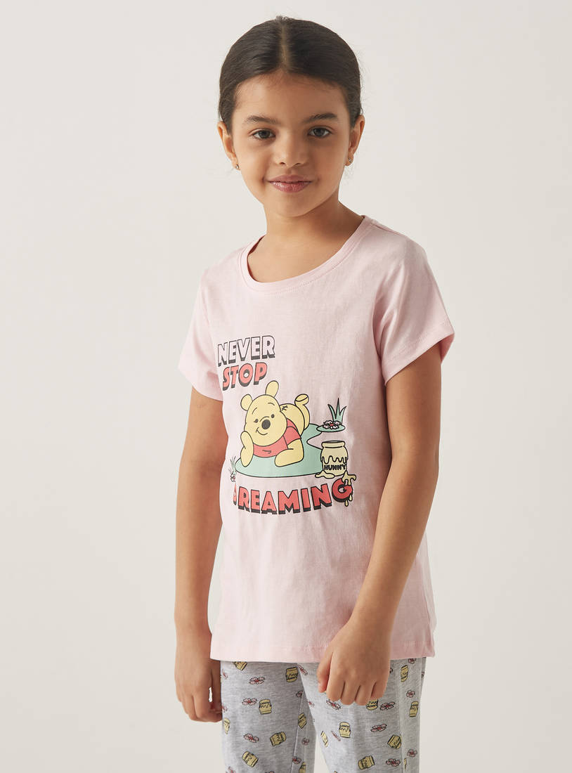 Winnie the Pooh Print Round Neck T-shirt and Pyjama Set-Nightwear-image-1