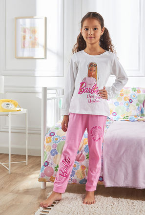 Barbie Print Cotton Pyjama Set-mxkids-girlstwotoeightyrs-clothing-nightwear-sets-1