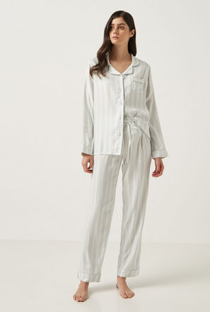 All-Over Stripes Shirt with Notch Collar and Pyjama Set