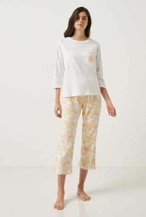 Pocket Detail 3/4 Sleeve T-shirt and Printed Pyjama Set