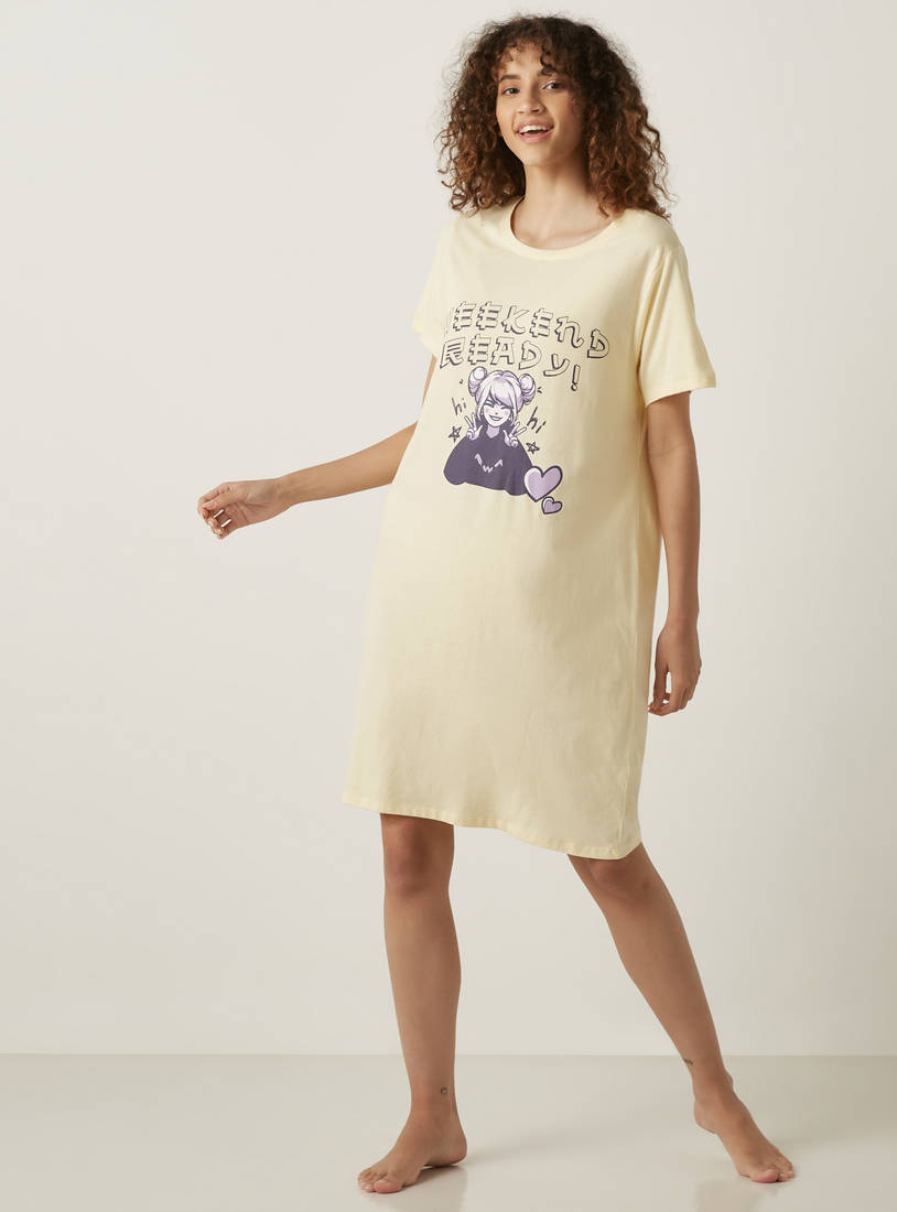 Anime Print Knee Length Cotton Sleepshirt-Sleepshirts & Gowns-image-0