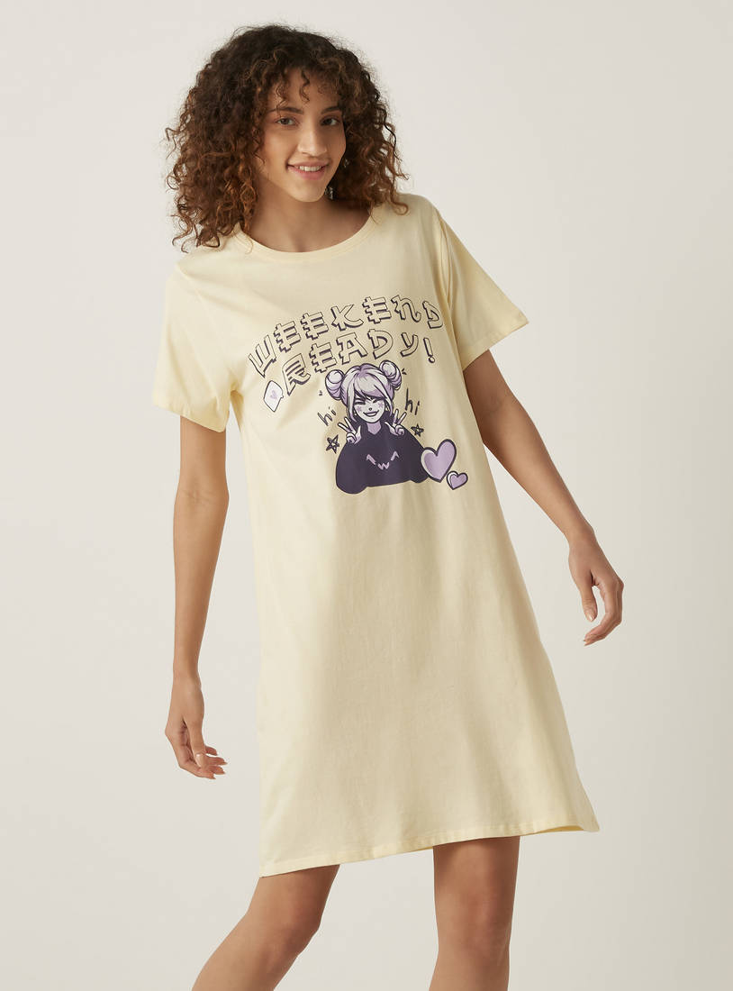Anime Print Knee Length Cotton Sleepshirt-Sleepshirts & Gowns-image-1