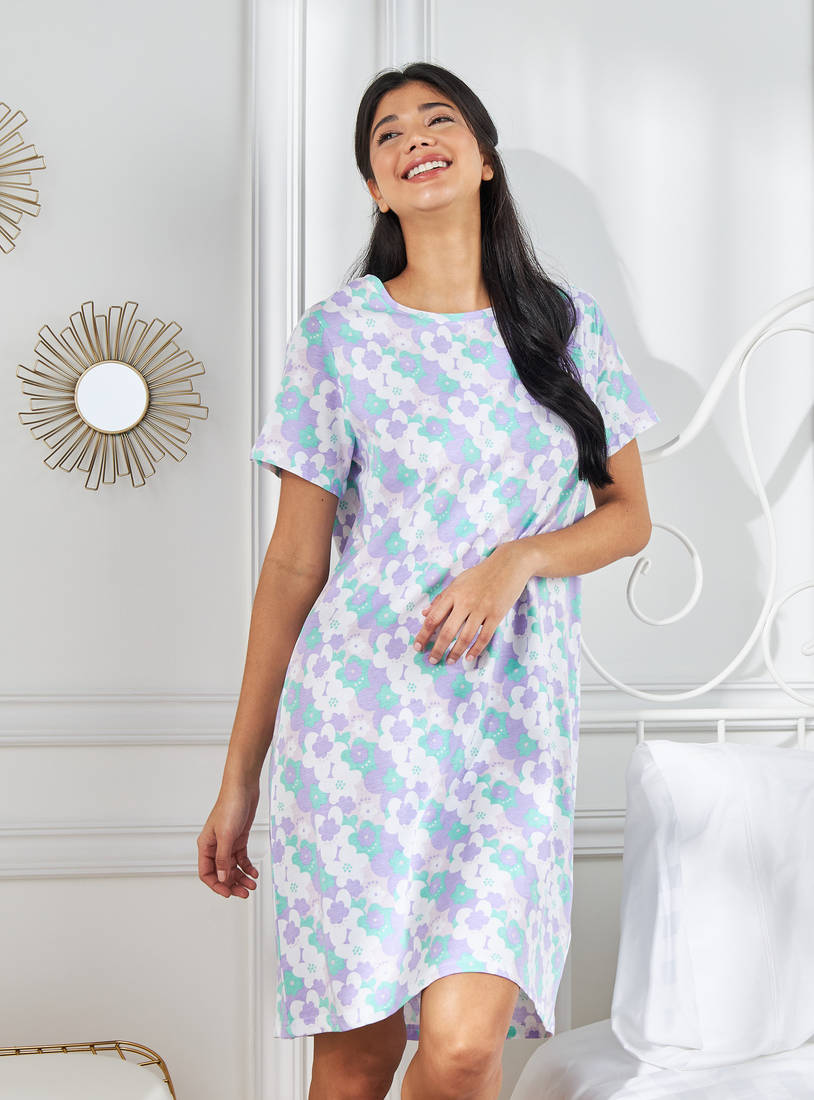 All-Over Floral Print Knee Length Cotton Sleepshirt-Sleepshirts & Gowns-image-1