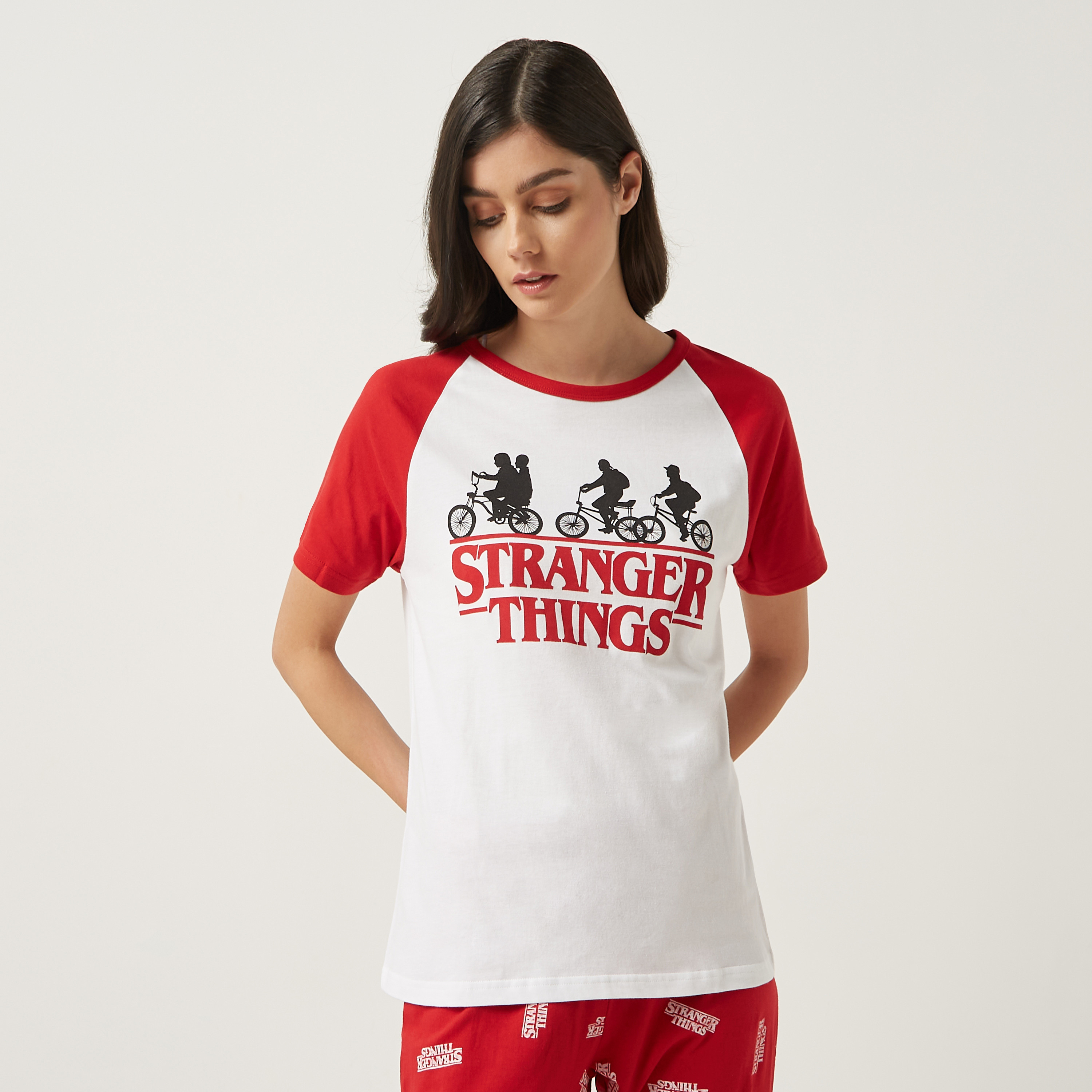 Shop Stranger Things Print T-shirt and Cropped Pyjama Set Online 