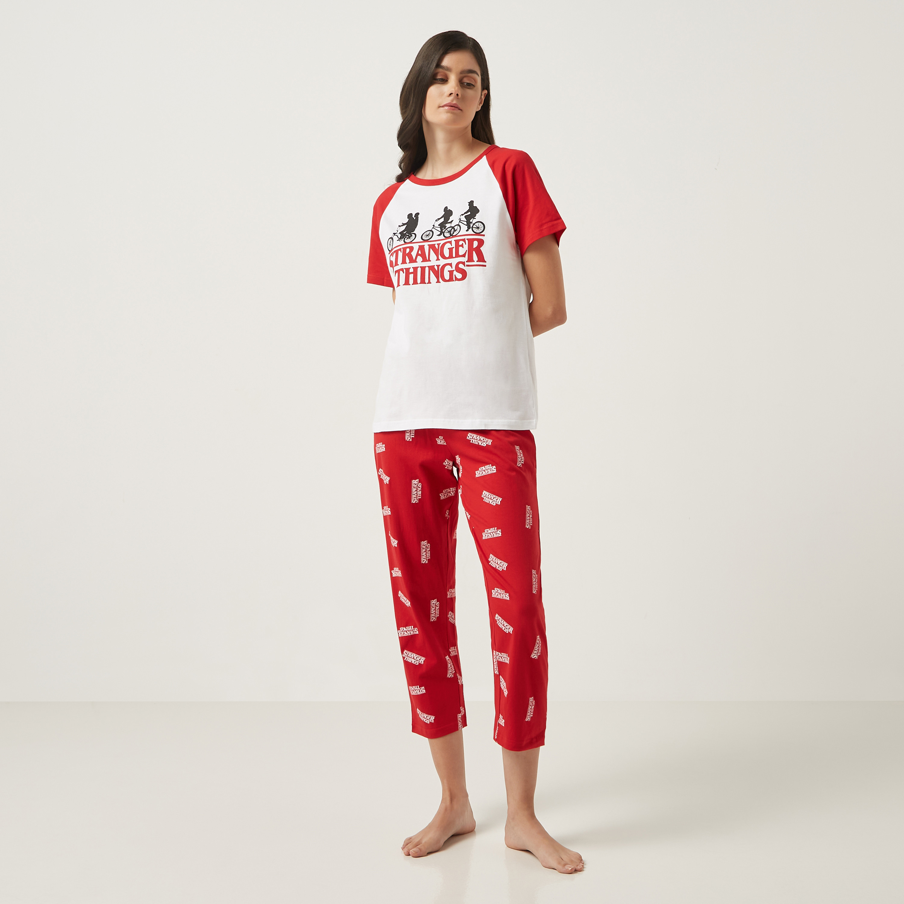 Shop Stranger Things Print T-shirt and Cropped Pyjama Set Online 