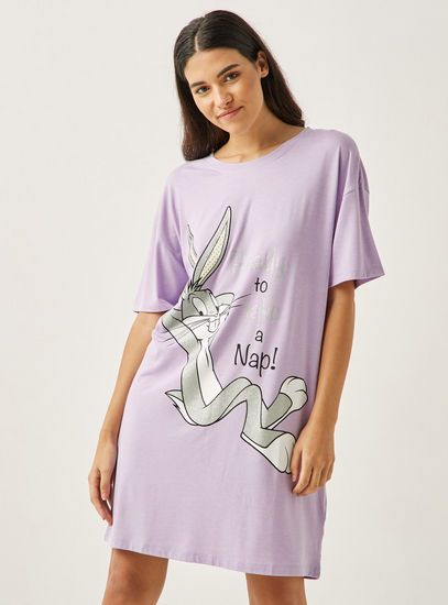Bugs Bunny Print Sleepshirt with Round Neck and Short Sleeves