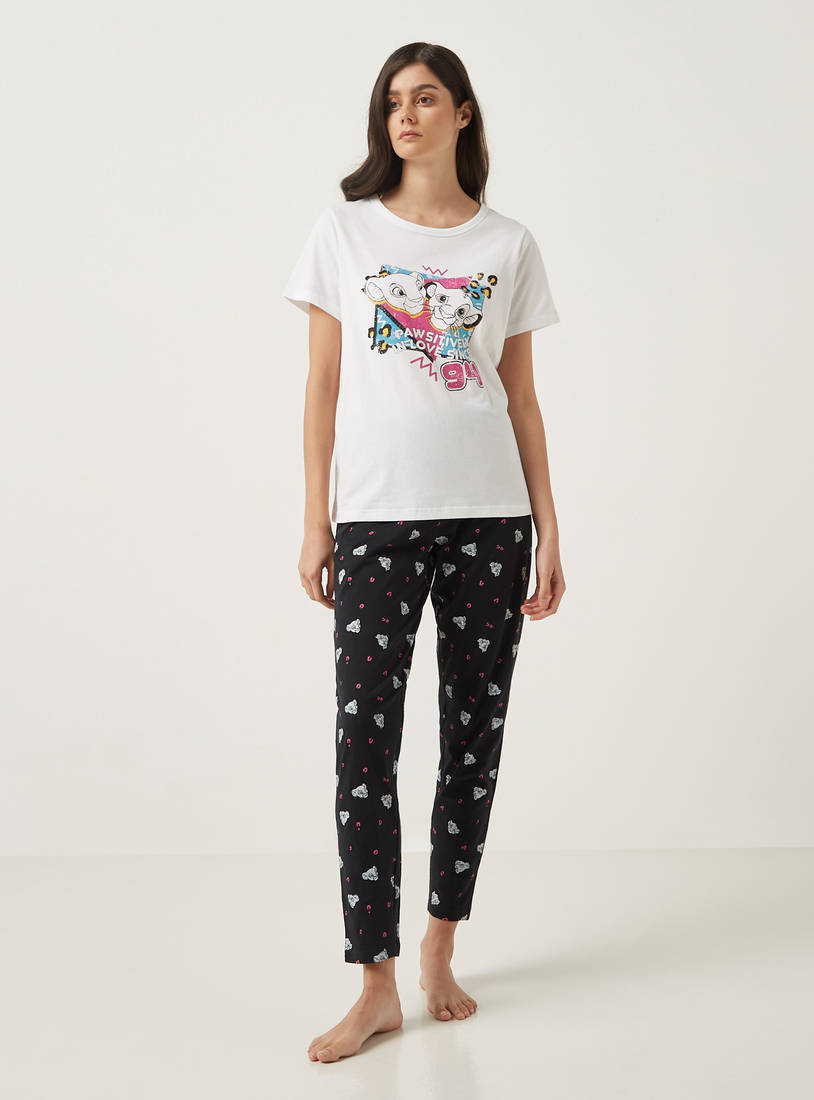 Lion King Print Short Sleeves T-shirt and Pyjama Set-Nightwear-image-0