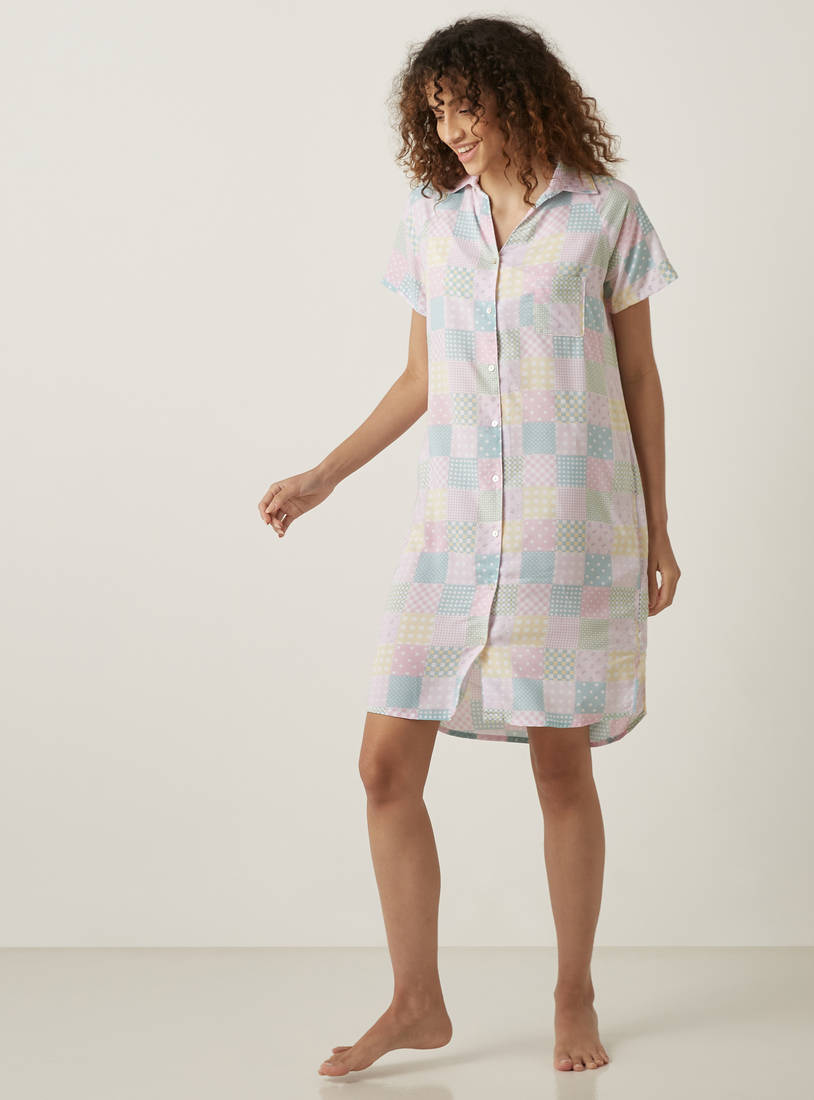 Patch Print Knee Length Sleepshirt with Collar-Sleepshirts & Gowns-image-0
