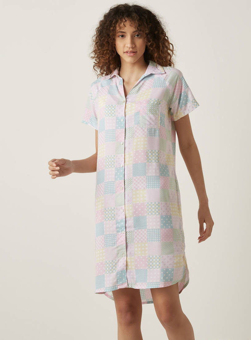 Patch Print Knee Length Sleepshirt with Collar-Sleepshirts & Gowns-image-1