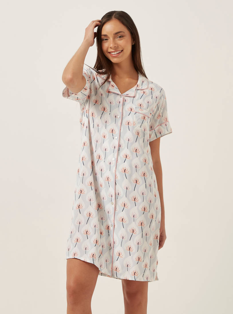 All-Over Leaf Print Button Through Sleepshirt-Sleepshirts & Gowns-image-0