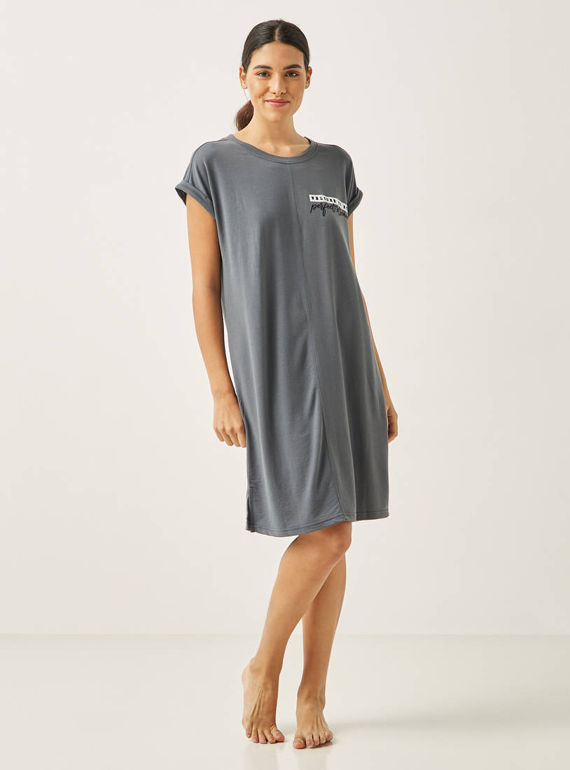 Slogan Print Sleepshirt with Round Neck and Cap Sleeves-Sleepshirts & Gowns-image-0