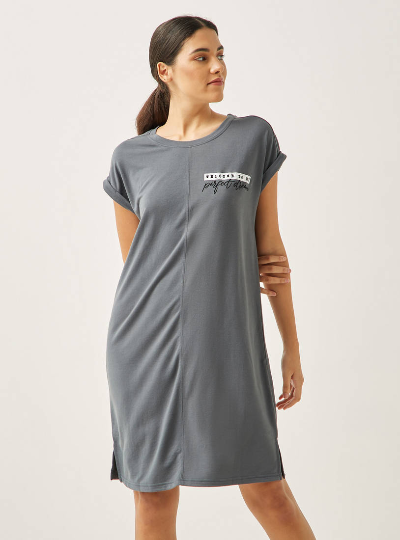 Slogan Print Sleepshirt with Round Neck and Cap Sleeves-Sleepshirts & Gowns-image-1