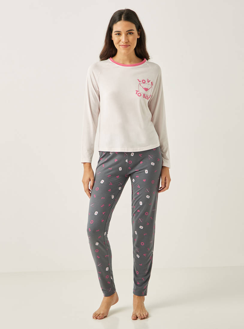Typographic Print Long Sleeves T-shirt and Full Length Pyjama Set-Pyjama Sets-image-0