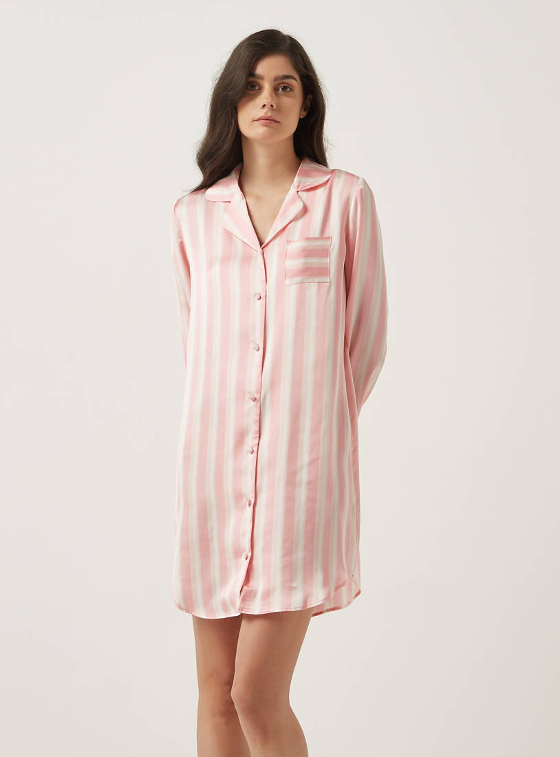 All-Over Striped Long Sleeves Sleepshirt with Notch Lapel and Chest Pocket-Sleepshirts & Gowns-image-0