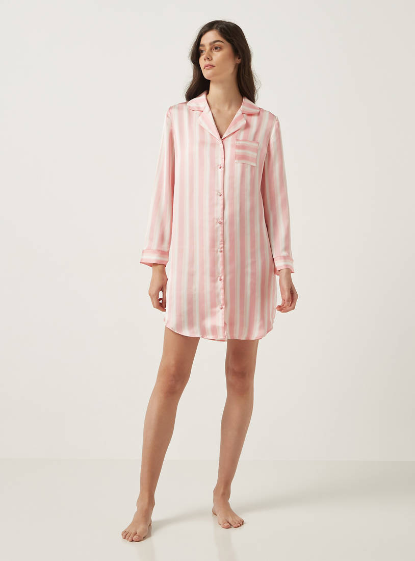 All-Over Striped Long Sleeves Sleepshirt with Notch Lapel and Chest Pocket-Sleepshirts & Gowns-image-1