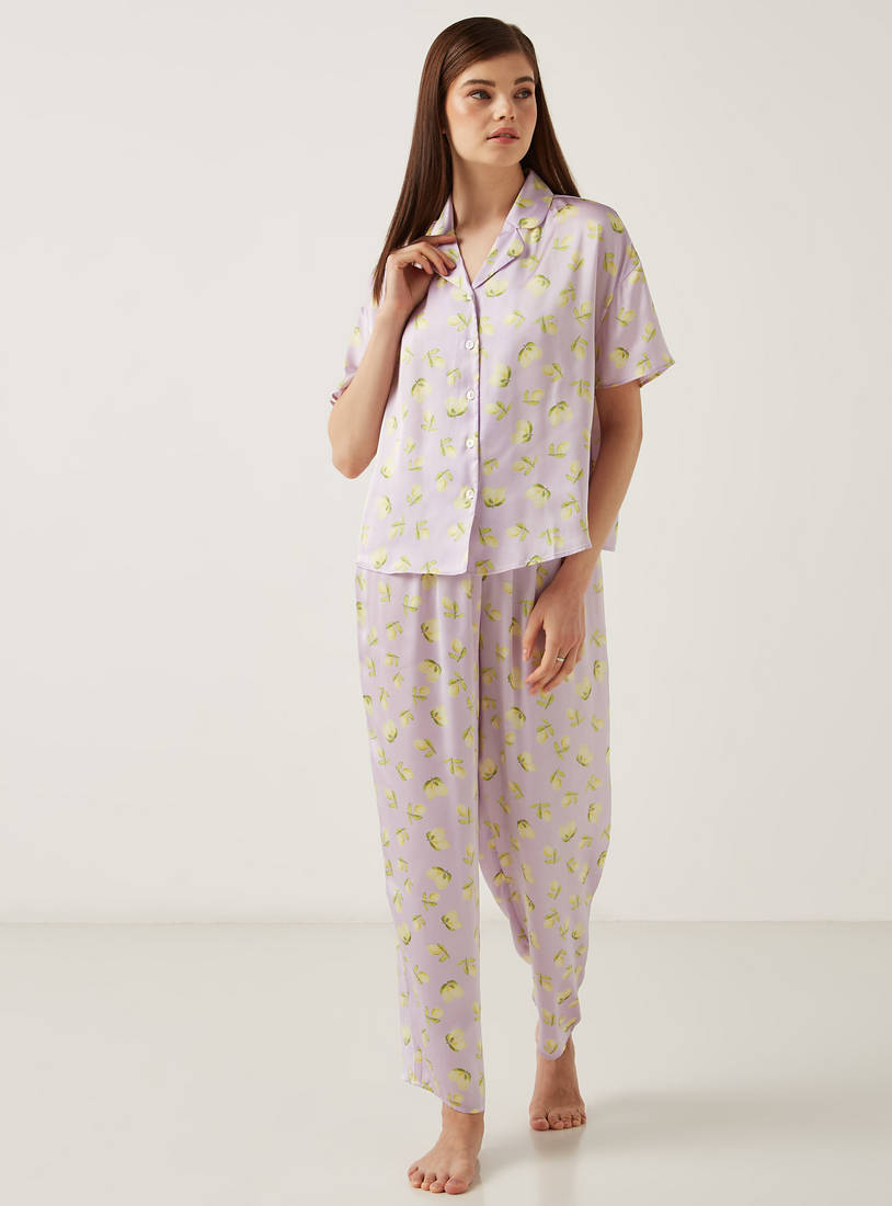 All-Over Lemon Print Shirt and Pyjama Set-Sleepshirts & Gowns-image-0
