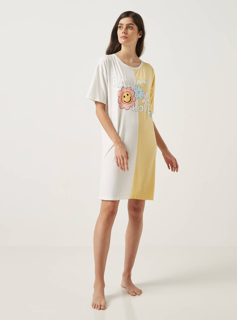 Printed Sleepshirt with Round Neck and Short Sleeves-Sleepshirts & Gowns-image-0
