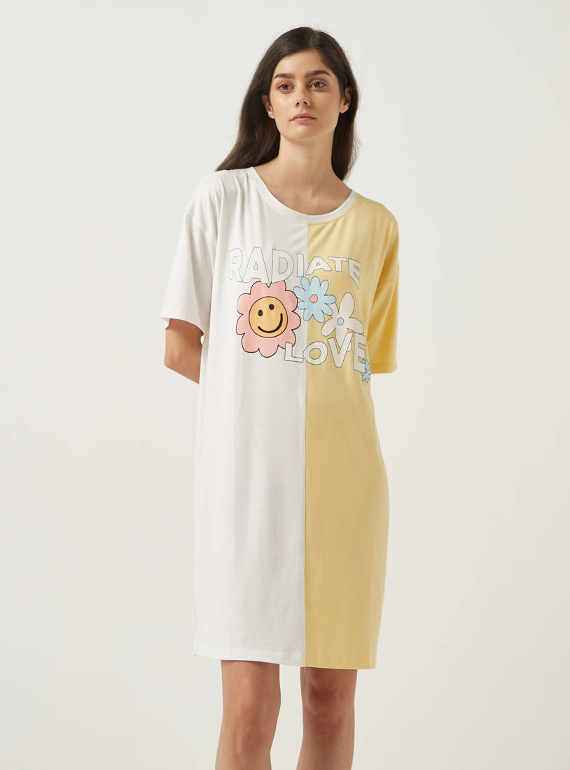 Printed Sleepshirt with Round Neck and Short Sleeves-Sleepshirts & Gowns-image-1