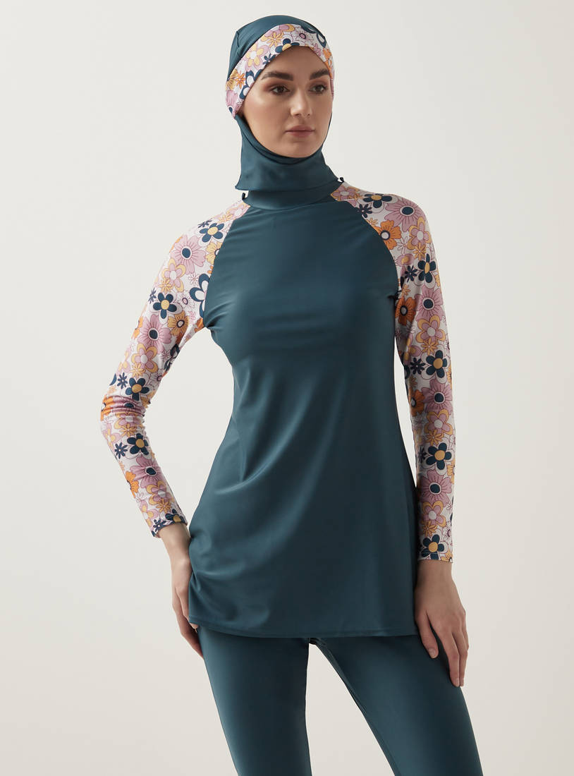 Floral Print Raglan Sleeves Burkini-Swimwear-image-1