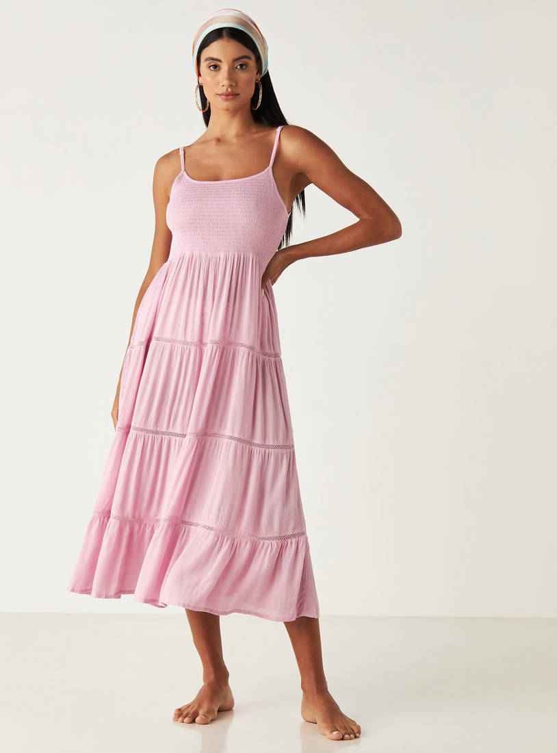 Smocked Midi Tiered Dress with Spaghetti Straps-Swimwear-image-0