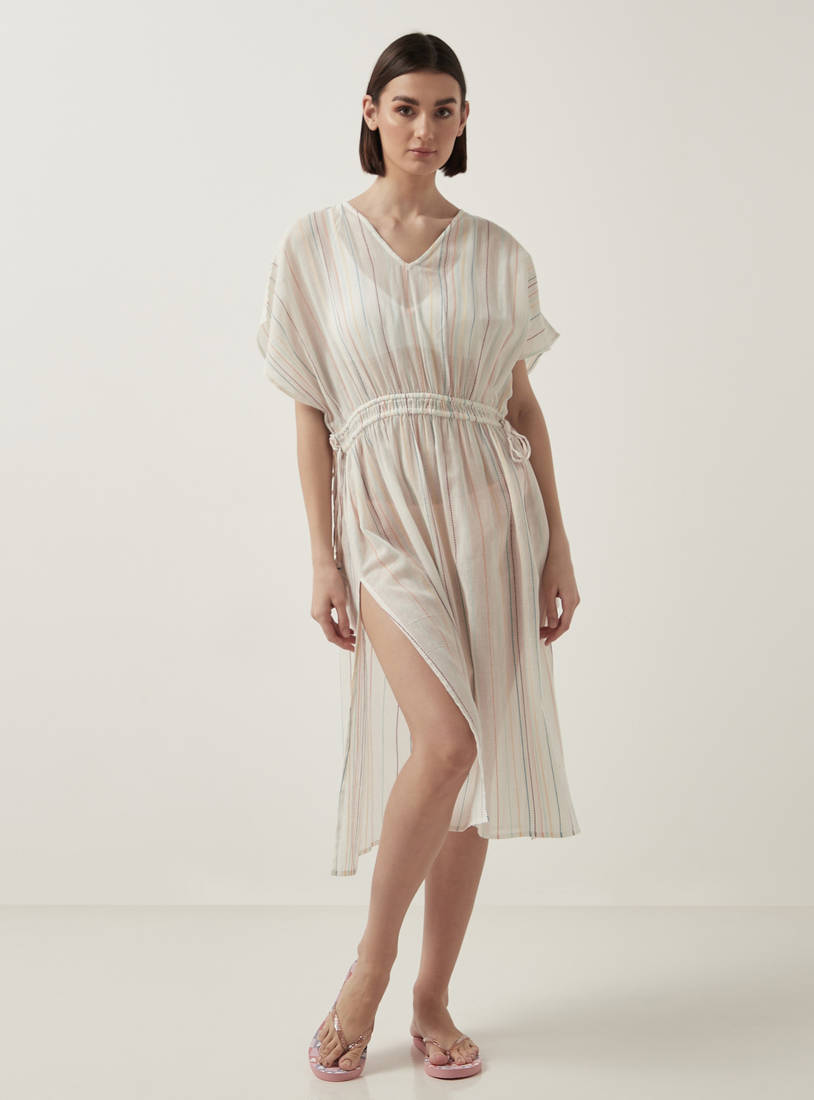 All-Over Thread Embroidered Swim Dress with Tassels-Swimwear-image-0