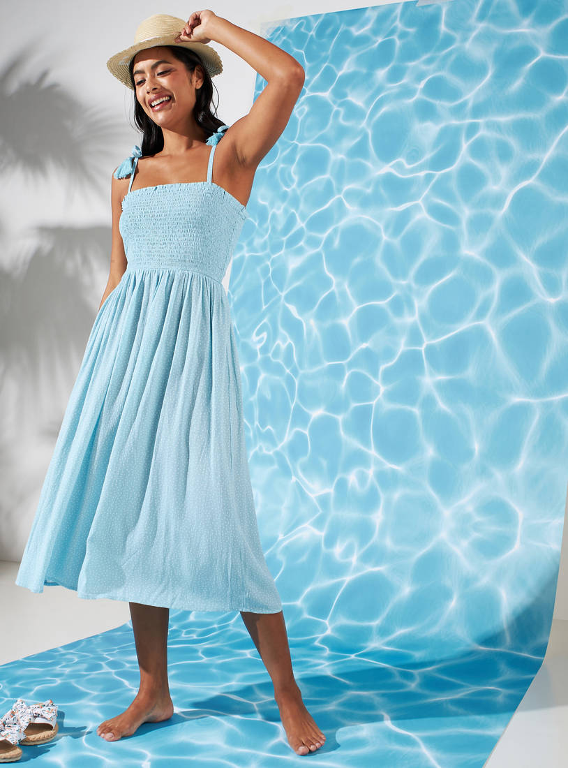 Polka Dot Print Swim Dress with Smock Detail and Tie-Up Spaghetti Straps-Swimwear-image-0