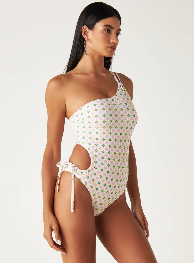 All-Over Floral Print One Shoulder Swimsuit with Cutout Detail-Swimwear-image-0