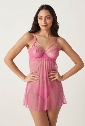 Lace Detail Padded Babydoll with Hook and Eye Closure