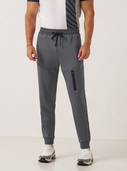 Solid Mid-Rise Performance Joggers with Utility Pockets and Drawstring Closure-Slim-image-0