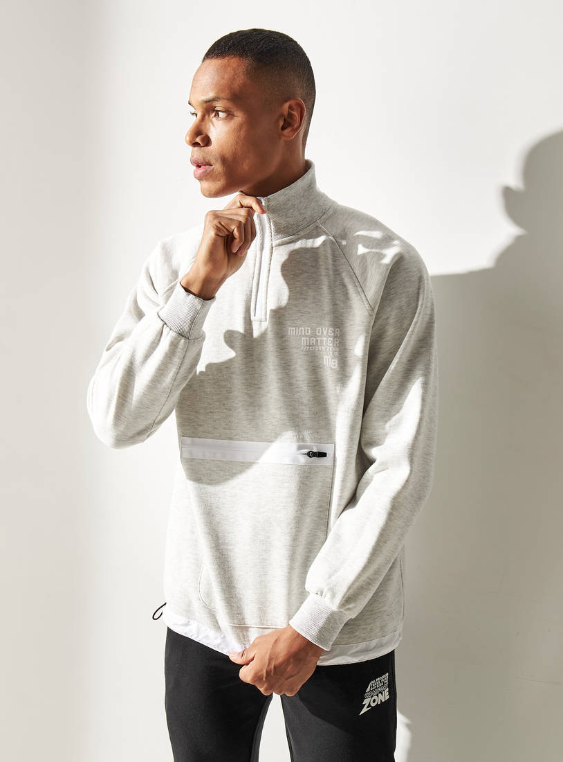 Printed High Neck Loose Fit Sweatshirt with Zip Closure and Pocket-Hoodies & Sweatshirts-image-0