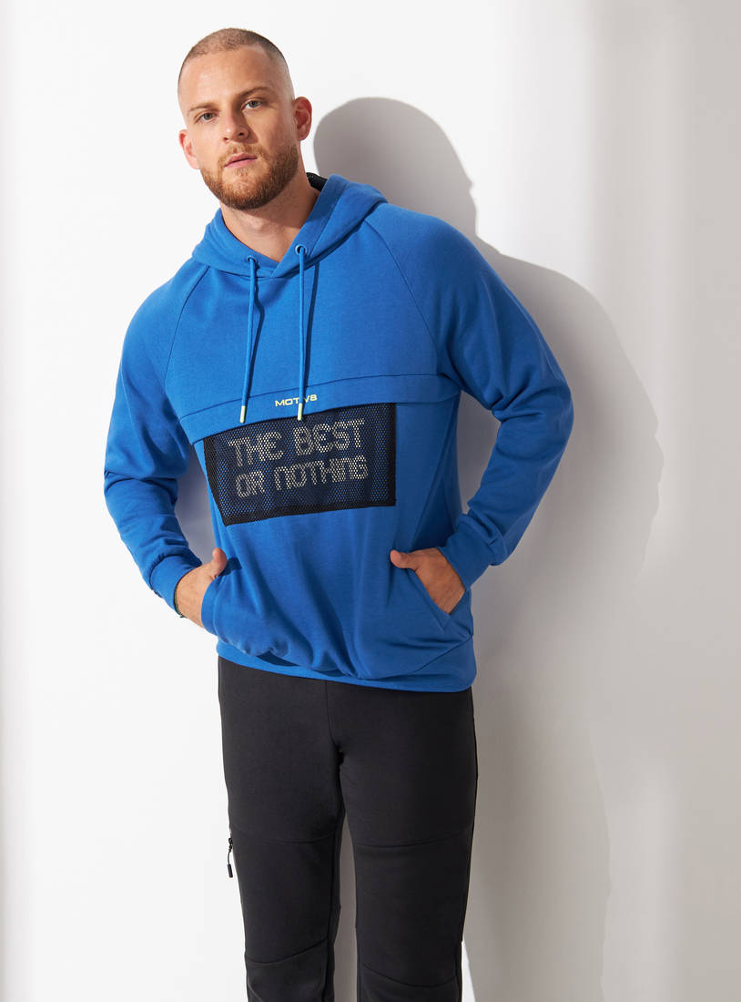 Printed Mesh Panel Loose Fit Hooded Sweatshirt with Kangaroo Pocket-Jackets & Hoodies-image-0