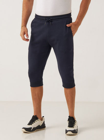 Solid Mid-Rise 3/4 Length Joggers with Drawstring Closure and Pockets-Joggers-image-0