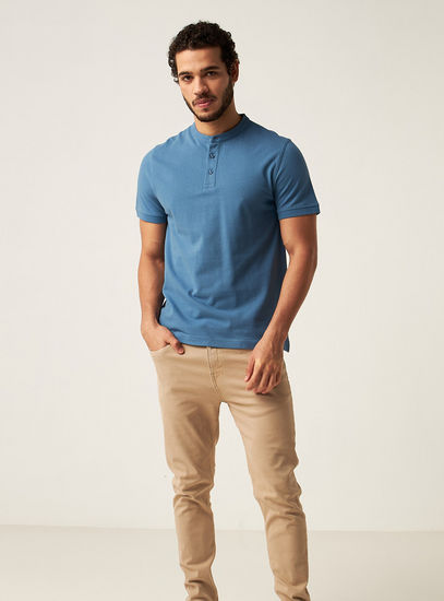 Solid Mandarin Neck T-shirt with Short Sleeves and Button Closure