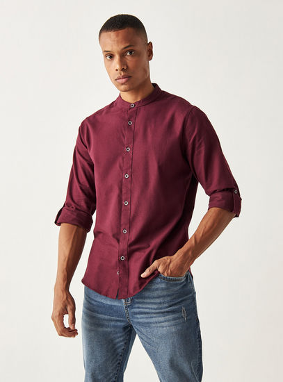 Solid Flannel Button Through Shirt with Mandarin Neck and Long Sleeves