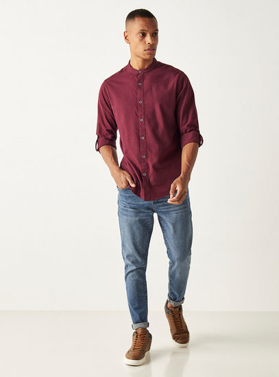 Solid Flannel Button Through Shirt with Mandarin Neck and Long Sleeves