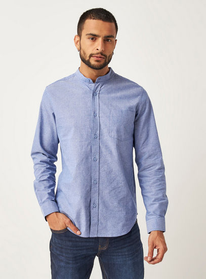 Solid Non-Stretch Oxford Shirt with Mandarin Collar and Chest Pocket