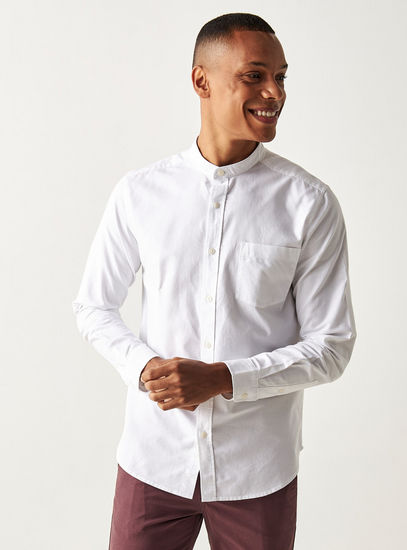 Solid Non-Stretch Oxford Shirt with Mandarin Collar and Chest Pocket-Shirts-image-0