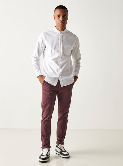 Solid Non-Stretch Oxford Shirt with Mandarin Collar and Chest Pocket-Shirts-image-1