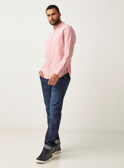 Solid Non-Stretch Oxford Shirt with Mandarin Collar and Chest Pocket