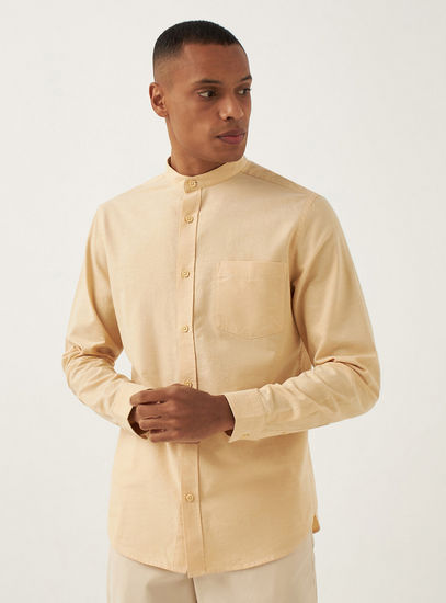 Regular Fit Plain Oxford Shirt with Mandarin Collar-Shirts-image-0