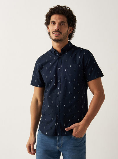 All Over Print Non-Stretch Oxford Shirt with Chest Pocket and Short Sleeves