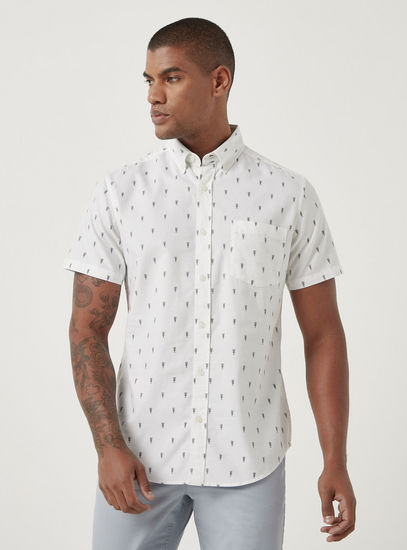 All-Over Print Oxford Collar Shirt with Short Sleeves and Pocket