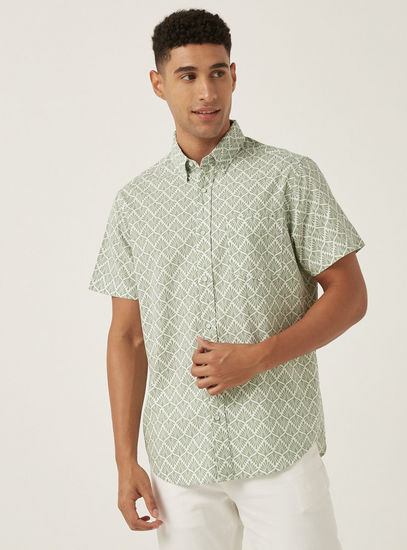 Leaf Print Slub Detail Shirt with Button-Down Collar-Shirts-image-0