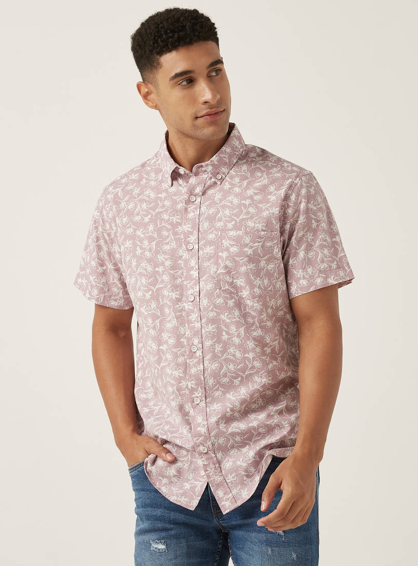 Leaf Print Slub Detail Shirt with Button-Down Collar-Shirts-image-0