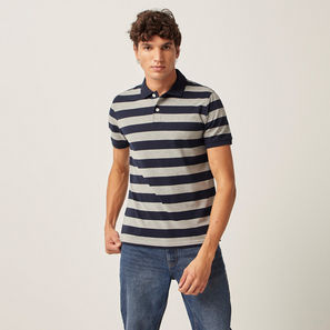 Striped Polo T-shirt with Short Sleeves and Button Closure