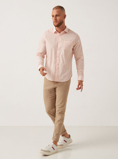 Solid Collar Shirt with Long Sleeves and Chest Pocket