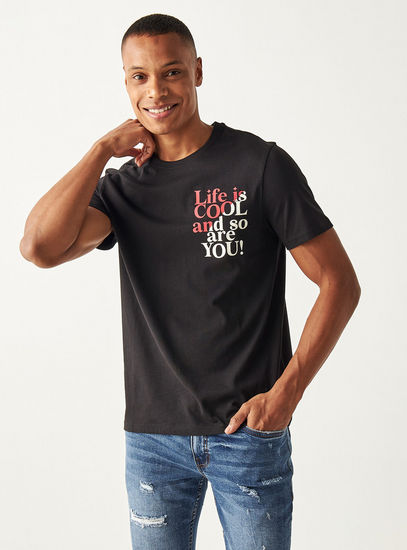 Slogan Print Crew Neck T-shirt with Short Sleeves-T-shirts-image-0